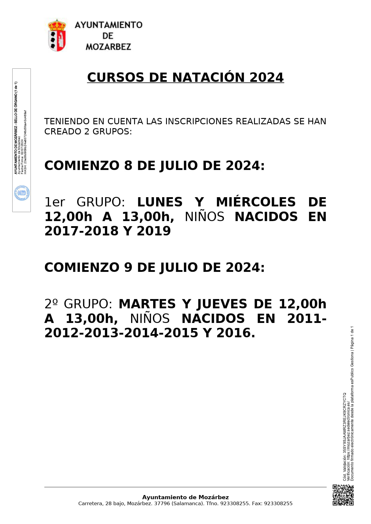 HORARIOS CURSOS DE NATACION 2024