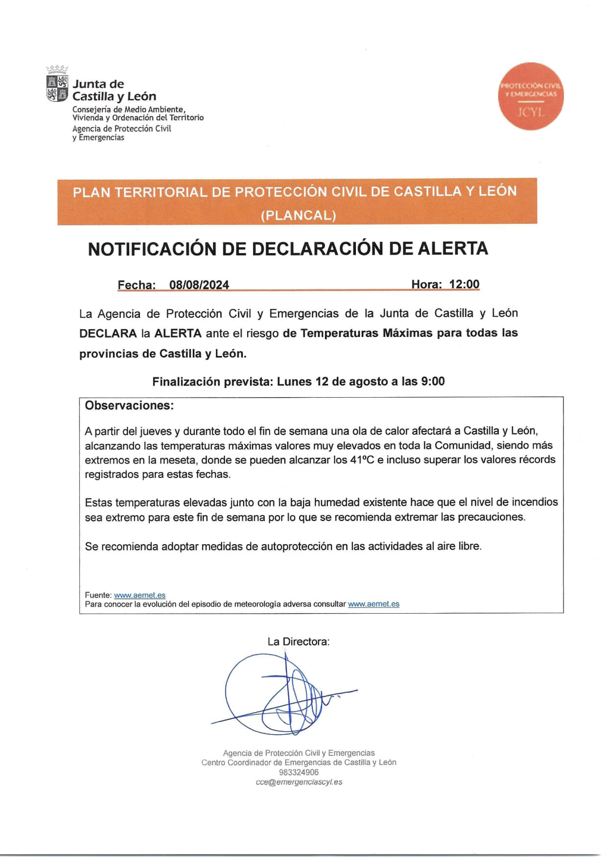 NOTIFICACIÓN: DECLARACIÓN DE ALERTA