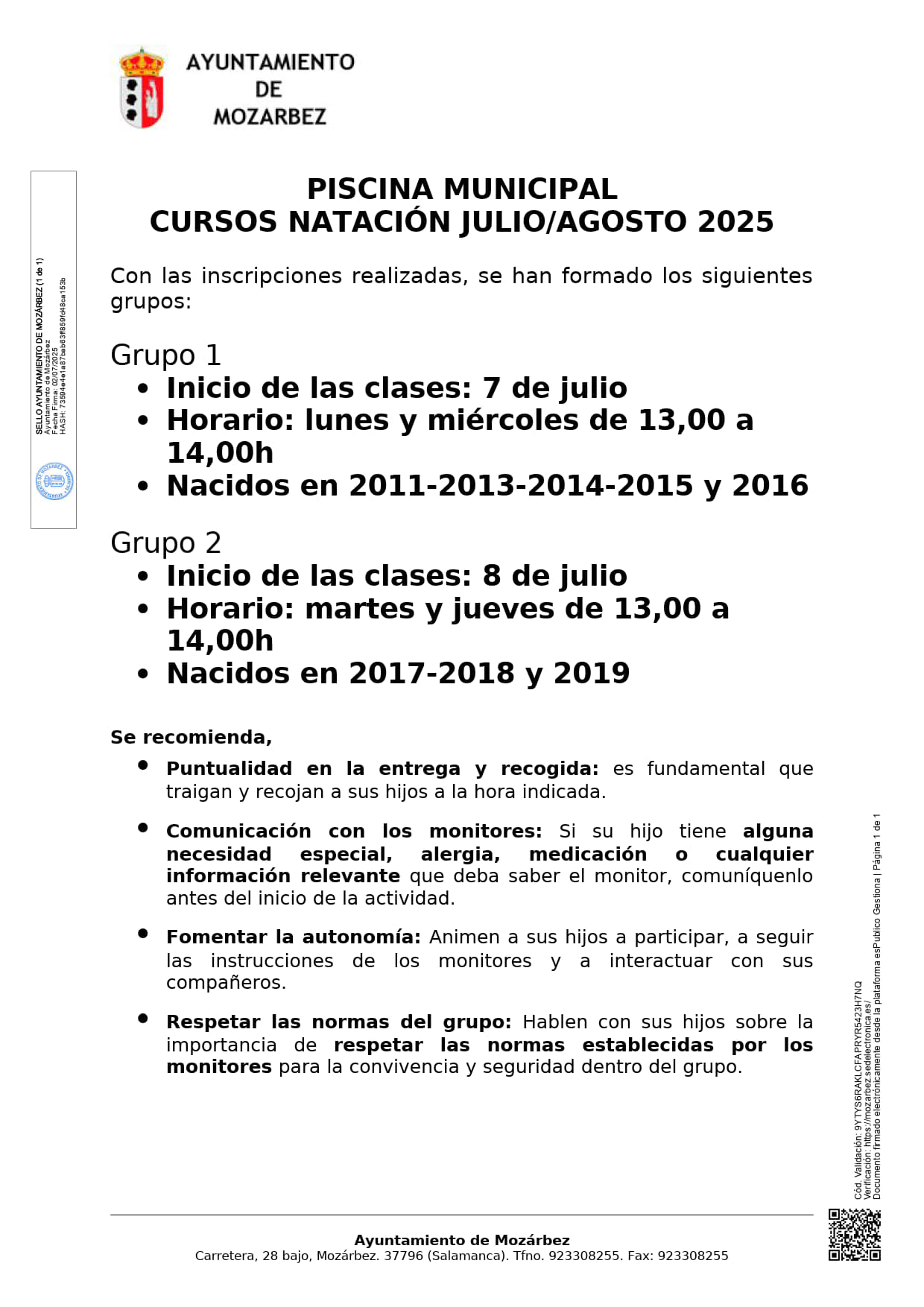 FECHAS Y HORARIO CURSOS DE NATACIÓN