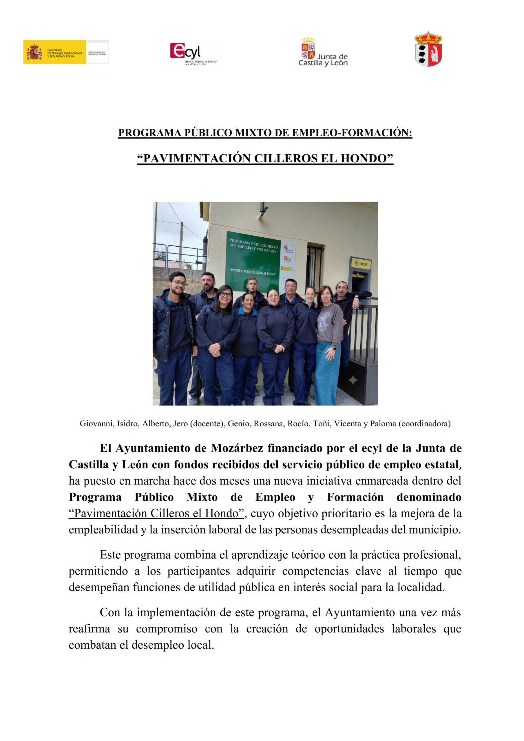 PROGRAMA PÚBLICO MIXTO DE EMPLEO-FORMACIÓN: “PAVIMENTACIÓN CILLEROS EL HONDO”