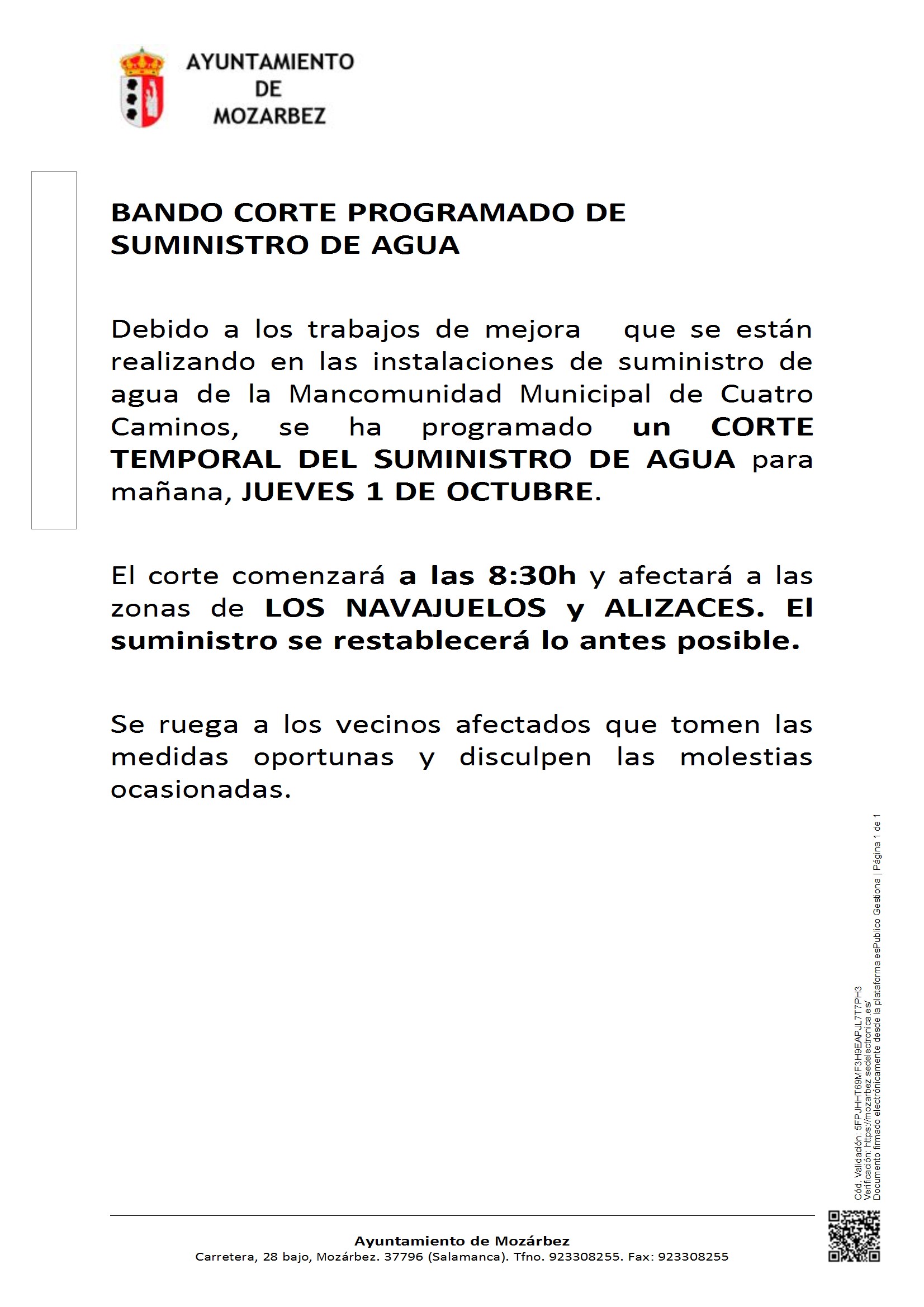 AVISO CORTE PROGRAMADO SUMINISTRO AGUA