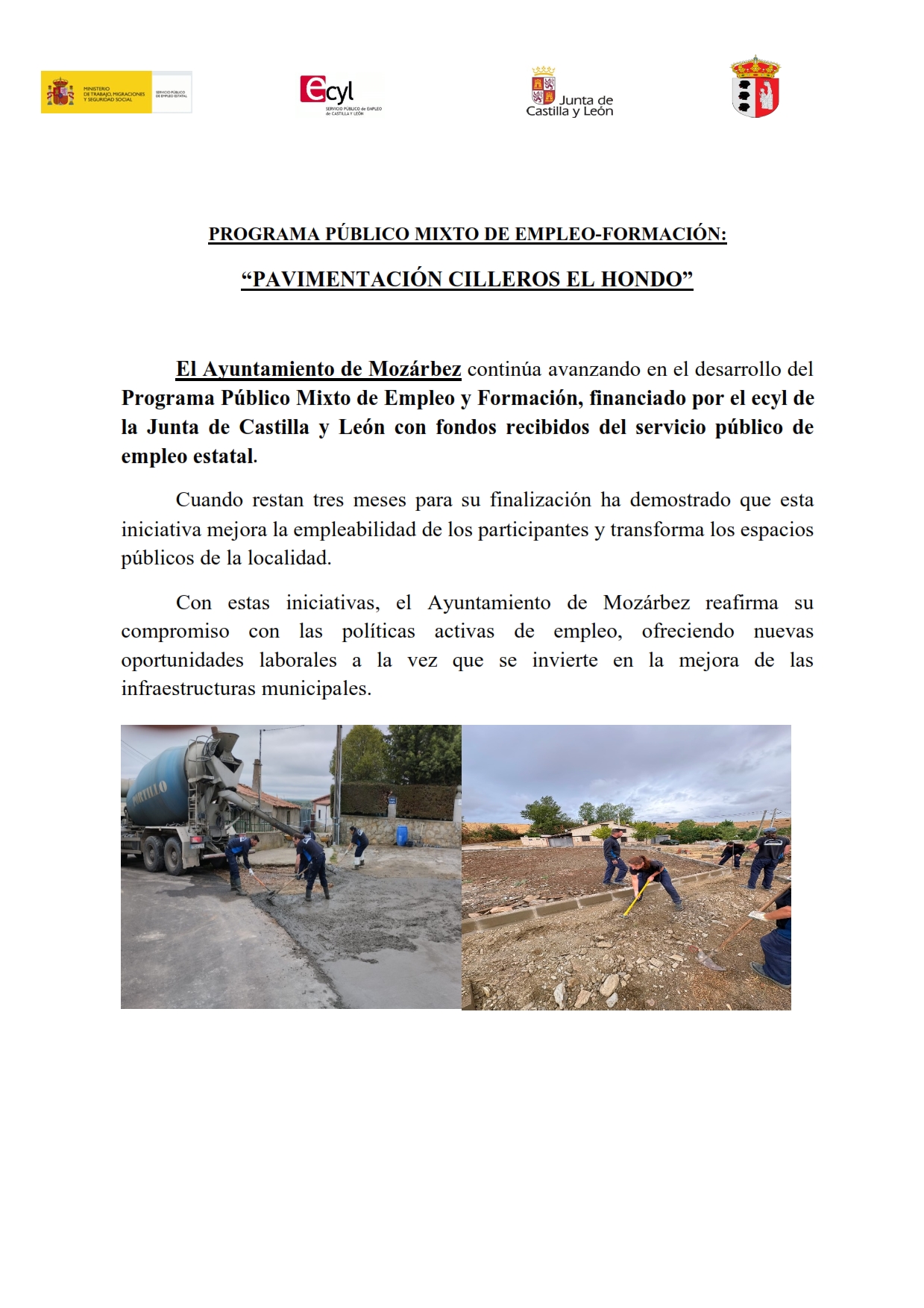 PROGRAMA PÚBLICO MIXTO DE EMPLEO-FORMACIÓN:“PAVIMENTACIÓN CILLEROS EL HONDO”
